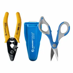Two-piece communications tool set including one cable stripper and one scissors, supplied in a tool pouch. Designed for field technicians performing basic cable stripping and cutting tasks in telecom and data cable preparation.