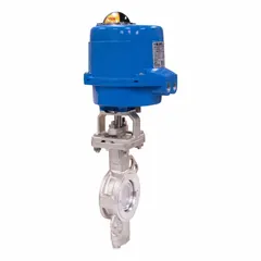 This BONOMI electric butterfly valve features a stainless steel disc and wafer-style body for corrosion resistance. It operates on 100 to 240V AC power with manual input control signal. Suitable for on-off or modulating flow control of liquids and gases in industrial piping systems such as water treatment, HVAC, and chemical processing.