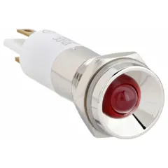 Red LED indicator pilot light with protruding head for prominent visual status indication. Designed for 10 mm panel mounting hole diameter. Features 0.11 Male Quick Disconnect electrical connection for easy installation. Suitable for use on industrial control panels and machinery.