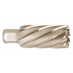This high-speed steel annular cutter features a bright finish and a 20 mm diameter, with a maximum cutting depth of 2 inches. It is designed for general cutting applications in metal fabrication and structural steel work, creating clean holes in steel plates and beams when used with a magnetic drill press.