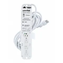 White healthcare power strip with 4 outlets, 15 ft cord, 644 J surge protection, and 15 A current rating. Features a 5-15P plug and screw mounting for secure attachment. Suitable for power distribution in medical and other sensitive environments.