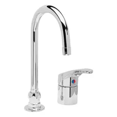 This off-centered kitchen faucet is constructed from cast brass with a chrome finish. Designed for deck mounting with two mounting holes, it is suited for commercial or residential kitchens where a gooseneck spout provides clearance over deep sinks.