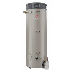 This RHEEM Triton commercial gas water heater is a condensing, powered-vent unit with an 80-gallon nominal tank capacity and 130,000 BTU input. It operates on natural gas with direct spark to pilot ignition and includes a California Low NOx compliant burner. Features include a 2-inch vent connection, 110V AC operating voltage, and a recovery rate of 170 gph at 90°F rise. The unit is UL Listed and comes with a T&P relief valve and drain valve, with side water connections.