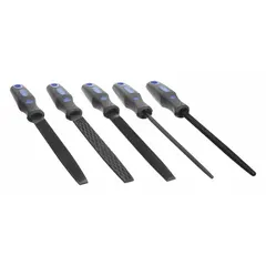 This 5-piece file set includes bastard cut files and an 8 in flat chip-breaking file, supplied with a handle and pouch. Suitable for metalworking, deburring, and shaping tasks requiring stock removal and edge smoothing.