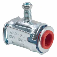 Steel straight connector with insulated throat, 3/8 in trade size, for terminating AC/MC cable to boxes or enclosures. Features snap-in set screw clamp style. UL-514B listed.