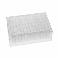 Non-sterile multiple well plate made of colorless polystyrene with 96 square wells. Each well has a 2 mL capacity and 8.2 mm diameter. RNase/DNase free. Suitable for high-throughput sample processing, storage, and assays in molecular biology and life science applications.