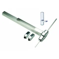 Surface vertical rod exit device with touchbar, chrome finish. Rated for doors up to 3 ft wide. Functions as a dummy pull in a surface vertical rod configuration for commercial door applications.