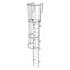 Steel fixed ladder with safety cage walk-through design. Overall width 18 in, 14 rungs. Supplied unassembled. Used for vertical access to elevated platforms, roofs, and industrial structures.