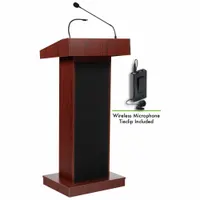 Clip-on/mounted laminate sound lectern in mahogany finish. Overall height 46 inches, shelf width 12 inches. Includes built-in amplifier and document rail. No battery included. Suitable for public speaking, presentations, and lectures in conference rooms, auditoriums, and houses of worship