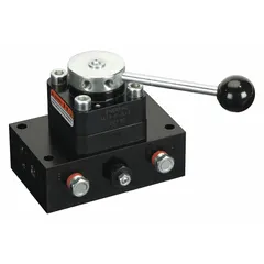 Three-position, four-way directional control valve with tandem center configuration. Manually operated via lever, with a maximum flow rate of 4.5 gpm. Designed for hydraulic systems requiring precise flow direction to actuators in industrial machinery and equipment.