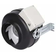 This inline duct fan is designed for general-purpose ventilation in duct systems. It moves air through 12-inch ducts at up to 1,038 cfm, suitable for exhaust, supply, or circulation applications. The fan features a single-speed, standard-efficiency motor that is speed controllable, and includes a mounting bracket. Its steel construction with IP54 rating provides protection against dust and water splashes.