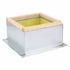 This square roof curb is constructed of galvanized steel and designed for mounting downblast fans on commercial or industrial roofs. It features a 62 x 62 inch inside dimension and a 65 x 65 inch outside dimension, accommodating a 66-1/2 inch square fan base. The curb includes a damper tray for airflow control and complies with UL 705 standards.