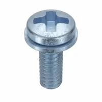 Machine screw with pre-assembled internal tooth lock washer, #6-32 thread, 3/16 in length. Steel construction with zinc plating, pan Phillips head, #2 drive. Supplied in a 50-piece pack. Used in assemblies where vibration resistance is required, such as machinery, electrical panels, and metal enclosures