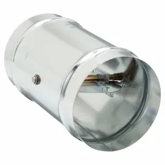 Round fire damper with butterfly blade and spring closure, designed for horizontal mounting in HVAC ductwork. Galvanized steel frame, 8-inch duct diameter, 14-inch length. Automatically closes to restrict fire and smoke spread.