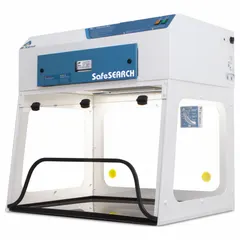 This light duty ductless fume hood provides containment of airborne particulates, vapors, or fumes without external ducting. It is partially assembled and includes a blower and work surface; a base/stand is required and not included. Suitable for laboratory applications requiring operator protection and workspace air quality.