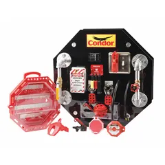 Freestanding training system kit for lockout/tagout procedures. Measures 23 1/2 in x 11 3/4 in x 23 1/2 in. Provides a hands-on platform for demonstrating energy isolation steps in industrial safety training.