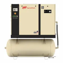 Horizontal rotary screw air compressor with 30 hp motor delivering 107 cfm at 230V AC, three-phase. Includes a 120-gallon horizontal tank. Designed for continuous-duty industrial applications such as powering pneumatic tools, automation equipment, and air-operated machinery.