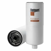 FLEETGUARD FS19841 is a spin-on fuel/water separator with plastic media material, 14 3/8 in overall length, and 4 9/16 in outside diameter. It removes water and contaminants from diesel fuel in automotive and heavy-duty applications, protecting fuel injectors and engine components
