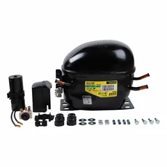 Hermetic reciprocating compressor for R-134A refrigerant systems. Provides 1,377 BtuH cooling capacity at 1/5 hp. Features a 1/4 in discharge line connection. Suitable for commercial refrigeration, beverage coolers, and small cold storage units.