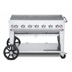 This wheeled gas grill features 6 burners with a total heating capacity of 99,000 BtuH. It accommodates a 20 lb tank and has an overall height of 36 inches and depth of 28 inches. Suitable for outdoor cooking applications such as catering events and large-scale food service.