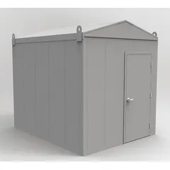 This assembled outdoor equipment enclosure measures 96 in x 120 in x 110 in with a 640 cu ft capacity. It features insulated walls and a gray finish. Suitable for protecting machinery, tools, and supplies from weather and temperature extremes in plant yards, construction sites, and facility grounds.