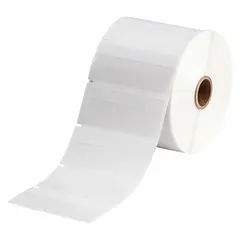 White matte vinyl wraparound label roll for wire and cable identification. Measures 1/2 in x 13/16 in, designed for 10 AWG to 4 AWG wire gauge. Compatible with BBP11 printer series; requires R4313 ribbon for thermal transfer printing. Used for permanent marking in electrical panels, control cabinets, and instrumentation.