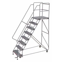 This assembled aluminum ladder features weight-actuated casters that lock when stepped on for stability. The serrated treads provide traction, and the included handrails offer support. Suitable for elevated access in warehouses, libraries, and industrial facilities.