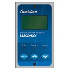 This plastic airflow monitor from LABCONCO is designed for use with fume hoods to indicate airflow status. It operates on 100 to 115V AC and includes a side wall flow tube adapter. The unit measures 12 inches in overall length and width.