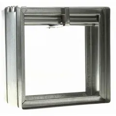 Rectangular fire damper with curtain blade and gravity closure, designed for vertical mounting. Measures 7 3/4 inches high, 7 3/4 inches wide, and 3 3/4 inches long. Used in HVAC ductwork to block flame and smoke spread during a fire.