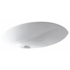 This KOHLER Caxton® undermount bathroom sink is made of vitreous china in white. It measures 19-1/4 inches in overall length and 16-1/4 inches in overall width. The sink includes basin clamps for installation and is designed for use in residential or commercial washrooms, mounting beneath the countertop for a seamless appearance.