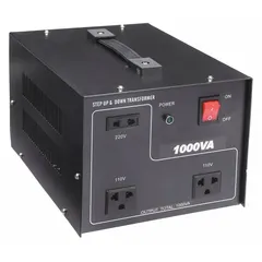 Single-phase voltage converter that steps down 220V AC to 110V AC. Rated at 1 kVA for loads up to 1000 VA. Operates at 50/60 Hz. Suitable for powering 110V equipment from 220V mains in international applications.