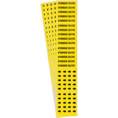 Yellow adhesive pipe marker with black legend reading 'Hydrogen Sulfide' and directional arrows. Designed for pipes with outside diameter of 3/4 inch and smaller. Pack of five markers for identifying hydrogen sulfide lines in industrial piping systems.