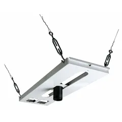 Fixed ceiling mount for displays up to 60 lb. Constructed from steel with a white powder-coated finish. Includes mounting hardware and two electrical outlet box knockouts for cable management. Suitable for overhead installation in commercial or residential settings.
