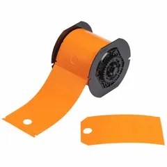 Polyester tag roll with orange color, designed for indoor and outdoor use. Each roll contains 100 precut tags measuring 5 3/4 in x 3 1/4 in. Compatible with S3700 printer series for creating durable identification tags in industrial environments.