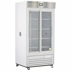 This 33 cu ft upright chromatography refrigerator provides a temperature range of 1°C to 10°C for storing temperature-sensitive samples and reagents. It features a white exterior with a sliding glass door and a door ajar alarm. The unit uses R-290 refrigerant and is suited for laboratory environments requiring precise cold storage for analytical procedures.