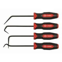 This hook and pick set includes four steel tools with 45°, 90°, multi-angle, and offset tip configurations. The screwdriver-style handle provides a secure grip for precision tasks. Suitable for retrieving O-rings, gaskets, and small parts in confined spaces.
