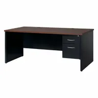 This single pedestal desk features a walnut melamine laminate desktop with a particleboard core and a black steel frame. It includes one pedestal with two drawers and a modesty panel. Suitable for general office or workstation use