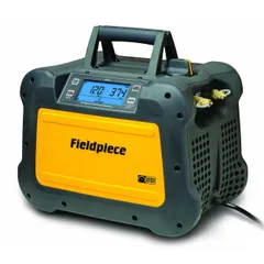 The FIELDPIECE MR45 is an A2L-compatible refrigerant recovery machine with a handle for portability. It features a 1 hp DC motor, vapor recovery rate of 0.6 lb/min, and liquid recovery rate of 6.5 lb/min. Suitable for recovering refrigerants from HVAC systems in field service applications.
