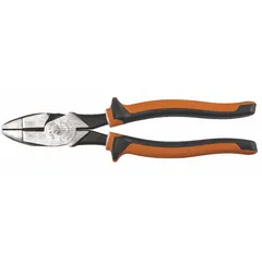 Flat jaw insulated lineman's pliers with 9 1/2 in overall length, 1 5/8 in jaw length, and 1 3/8 in jaw width. Includes wire cutter. Used for cutting, gripping, and twisting wire in electrical work.