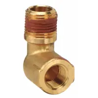 This 90° elbow is a threaded high-pressure pipe fitting with sealant, designed to change flow direction in piping systems. It connects 3/8 in female NPT to 1/2 in male NPT threads and is rated for a maximum operating pressure of 1,000 psi