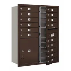 Horizontal multi-unit mailbox with 16 lockable front doors, designed for recessed mounting. Measures 41 3/8 in H x 31 1/8 in W x 16 1/2 in D. Suitable for centralized mail distribution in multi-tenant buildings, offices, or apartment complexes.