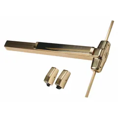 This surface vertical rod rim push bar is designed for emergency egress on commercial doors up to 3 ft wide. The brass touchbar-style exit device is ADA compliant and suitable for applications requiring reliable, code-compliant exit hardware.