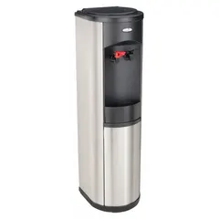 This freestanding plumbed water dispenser from OASIS features a stainless steel construction with a black and silver finish. It provides still cold and hot water, operating on 115V AC via an electric cord. The unit stands 43 1/4 inches tall and is designed for continuous connection to a water supply, suitable for break rooms and commercial facilities.