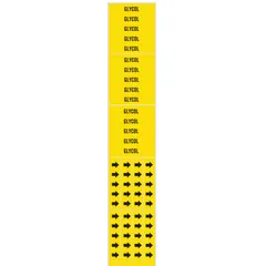 Yellow adhesive pipe markers with black 'Glycol' legend, designed for pipes with an outside diameter of 3/4 in and smaller. Each pack contains 3 markers without arrows, suitable for identifying glycol lines in piping systems.