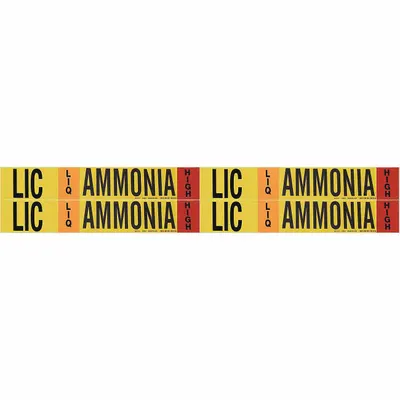 BRADY Pipe Marker: LIC, LIQ, High, Fits 3/4 to 2 3/8 in Pipe O.D., 4 Pipe Markers - Ammonia Adhesive Pipe Markers