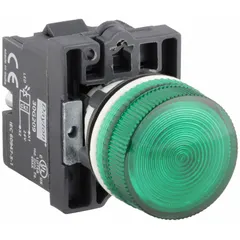 Green LED pilot light with 22 mm panel mounting size. Rated for 24 V AC/DC maximum supply voltage. Does not include push-to-test function. Used as a visual indicator for equipment status in industrial control panels, machinery, and automation systems.