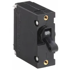 Panel Mount Circuit Breaker: 5 A Amps, 250/277V AC, 80V DC, Threaded Insert, 2.03 in Dp (MPN AA1-B0-34-450 -5D1-C). Key specifications — Terminal Connection: #10-32 Screw; AC Voltage Rating: 250/277V AC; DC Voltage Rating: 80V DC; Mounting Type: Threaded Insert.