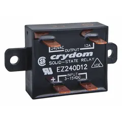 Panel-mount solid-state relay with DC input (15 mA) and SCR AC output (24-280 VAC, 18 A max, 9 A without heatsink). Form A (SPST-NO) switching, Faston terminals. Used for switching AC loads in industrial control panels, HVAC equipment, and process automation systems.