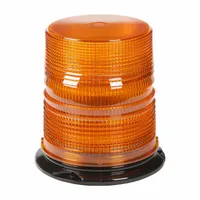 Amber LED flashing beacon with round shape and pipe mount. Operates on 12 to 24V DC and offers 26 selectable flash patterns. SAE Class 2 rated for high-visibility warning. Electrical connection via blunt cut wires. Overall dimensions: 6 3/8 in width, 6 11/16 in height. Suitable for use on construction, utility, and service vehicles