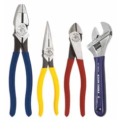 This set includes four pliers with standard cushion grip handles for manual operation, covering a pliers range of 2 to 5. The assortment features a long nose plier and an 8-inch adjustable wrench, suitable for general gripping, bending, and turning tasks in maintenance and repair work.